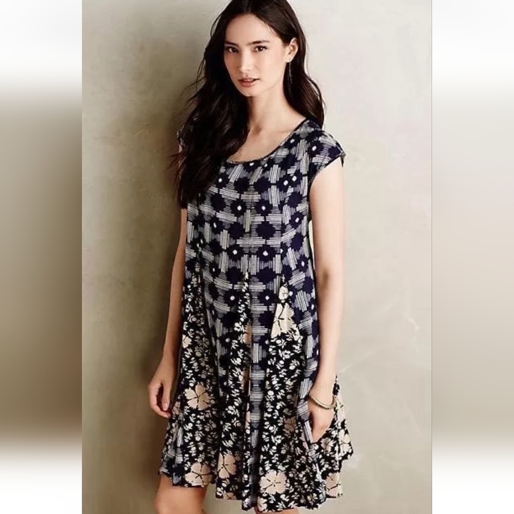 Anthropologie Maeve Indiga Swing Dress Tassel Blue Floral Lace Up Back Sundress